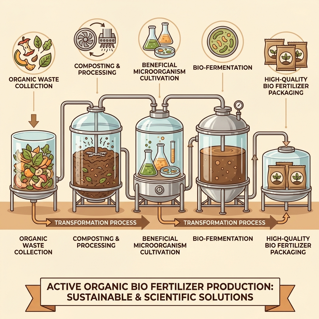 Active Organic Bio Fertilizer production process showing sustainable and scientific transformation of organic materials