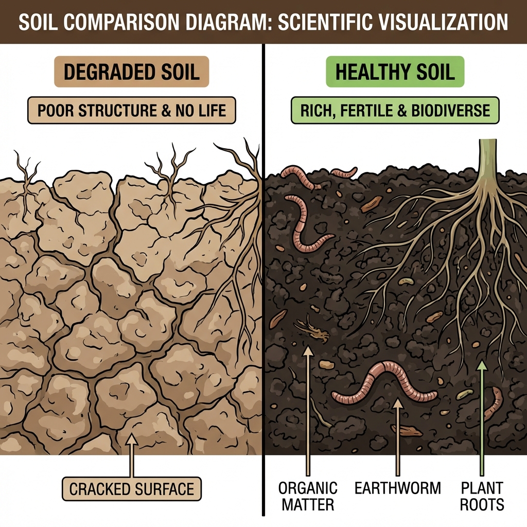 Comparison between degraded soil and healthy soil showing the dramatic difference in soil structure and fertility